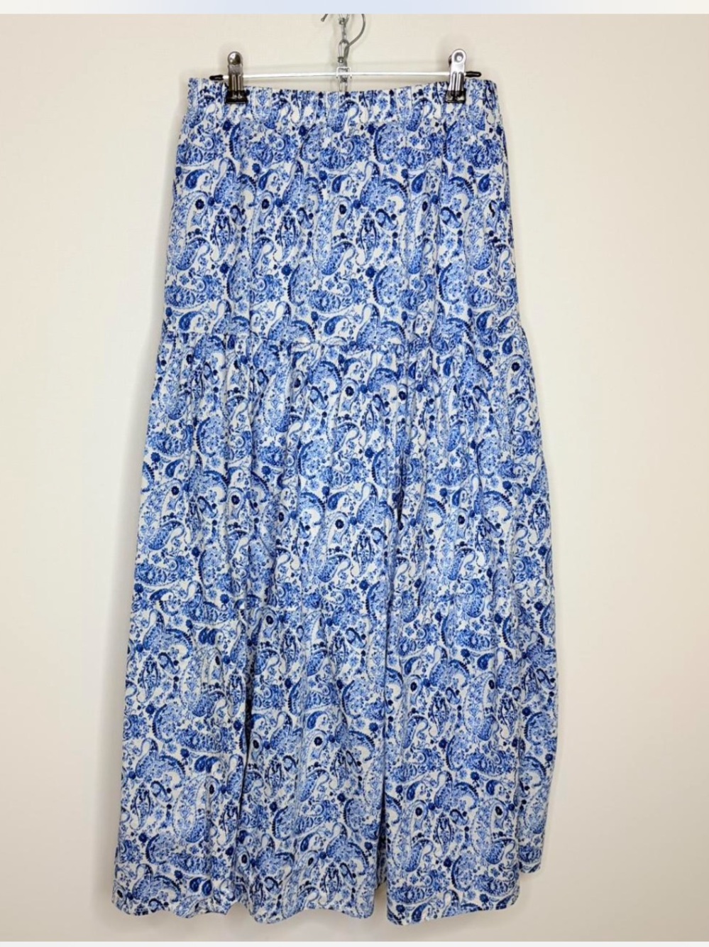 DREW Blue & White Paisley Tiered Maxi Skirt